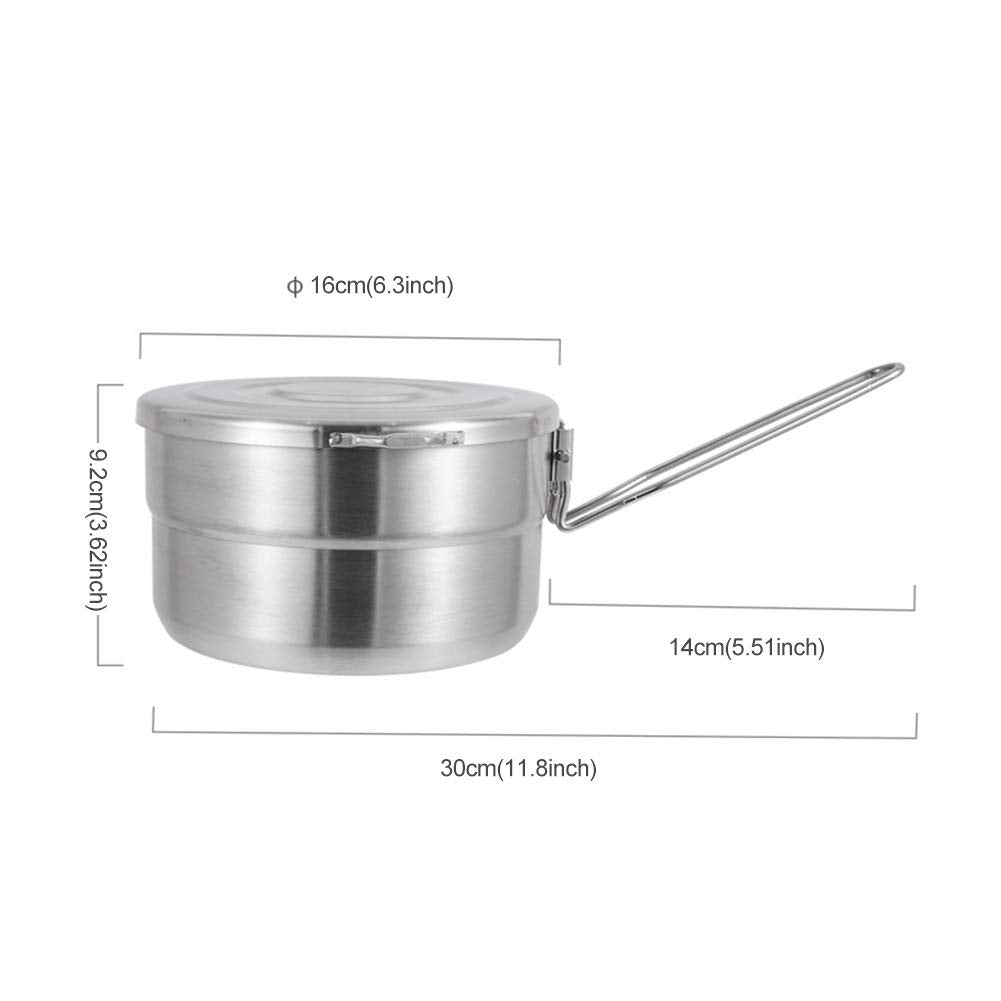 Denpetec Stainless Steel Camping Cook Pot With Lid And Folding Handle Camping Cookware 1.5L Large Capacity Bento Pot For Camping