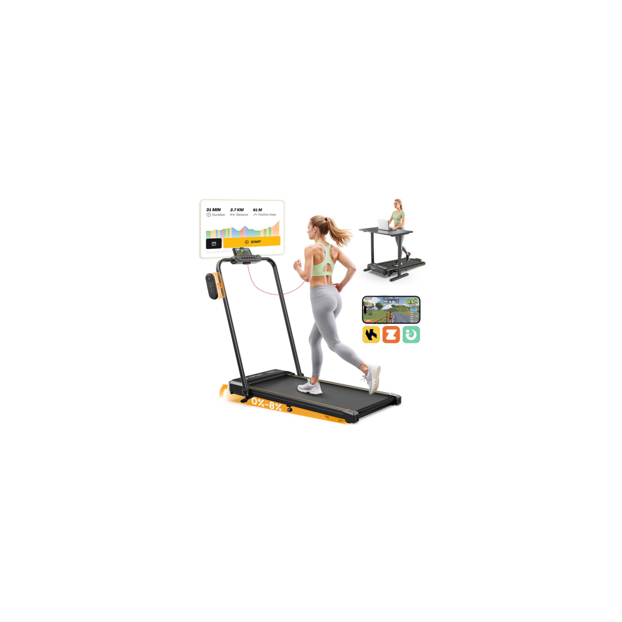 Hifast Walking Pad Treadmill, 3 In 1 Foldable Under Desk Treadmills For Home Office, Small Walking Pad With Incline Handle Bar,