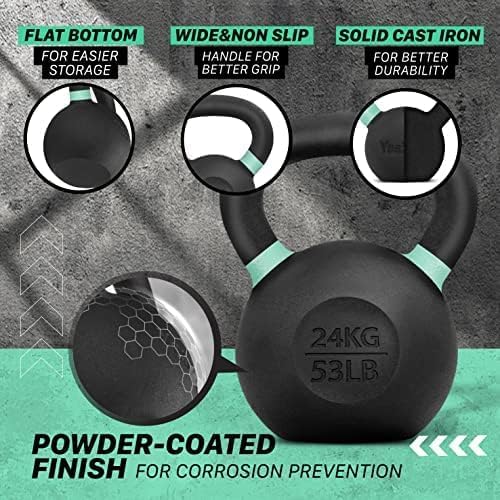 Yes4All Powder Coated Cast Iron Kettlebell Pair Light Green - 24 Kg / 53 Lb Strength Training Kettlebells Weight Set For Full Bo