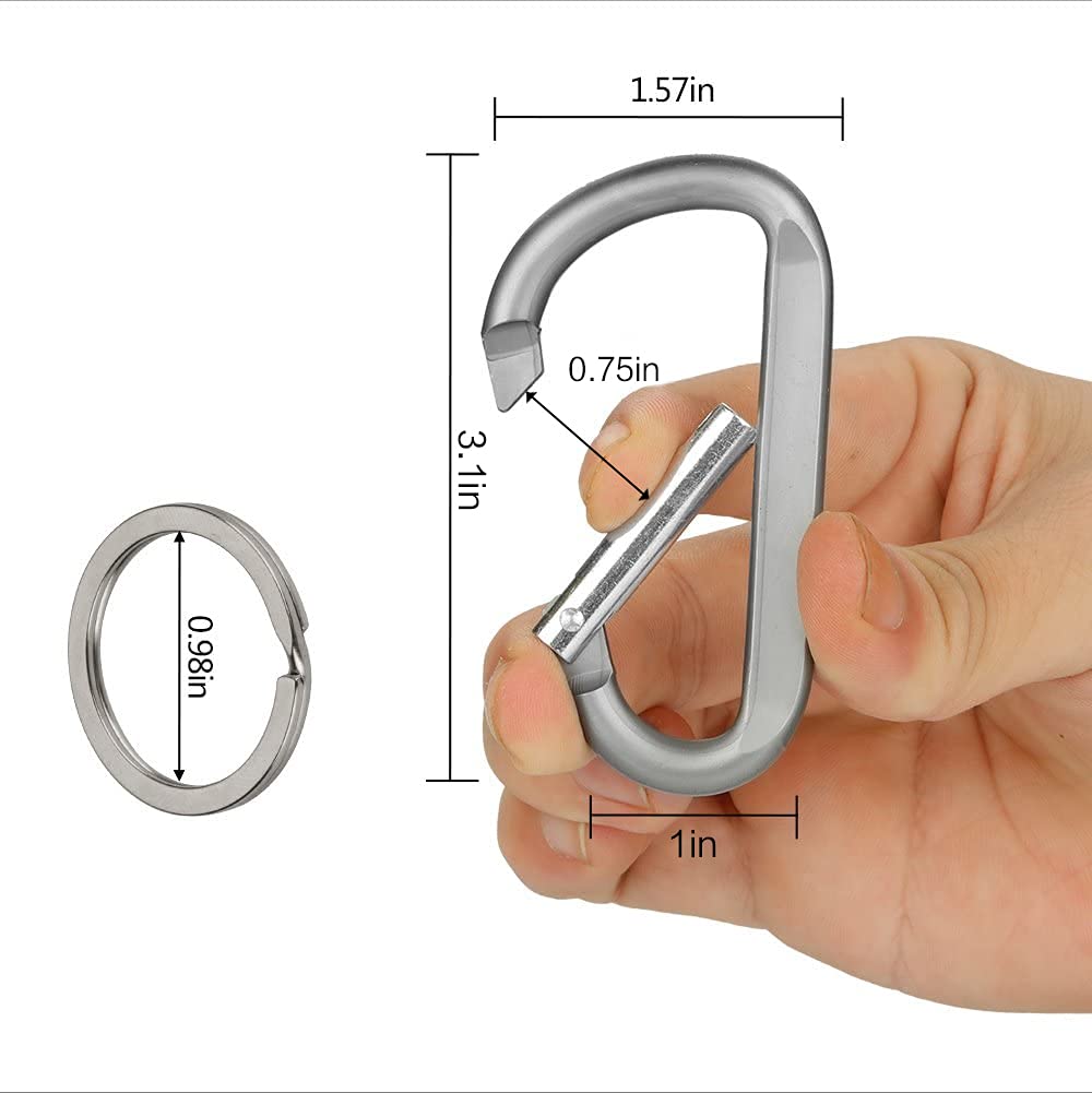 6Pcs Carabiner Caribeaner Clip,3'' Large Aluminum D Ring Shape Carabeaner With 6Pcs Keyring Keychain Hook (Black + Grey)