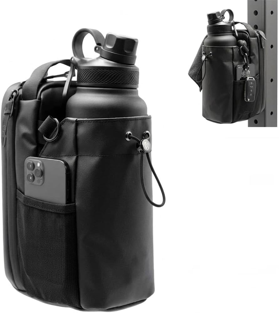 Kanhom Magnetic Gym Bottle Holder Bag With Storage Pockets & Zipper Compartments  Water Bottle Carrier Sleeve With Phone Pocket