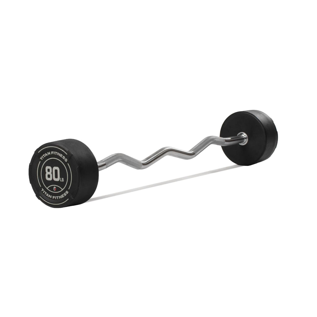 Titan Fitness 80 Lb Rubber Ez Curl Fixed Barbell, Pre-Loaded Weight Bar For Strength Training & Weightlifting