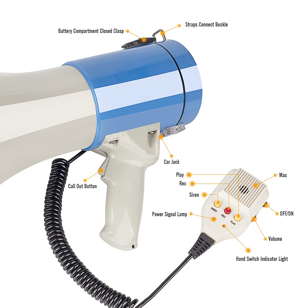 Mymealivos 50 Watt Megaphone Bullhorn Speaker With Siren, 240S Recording, Detachable Microphone & Strap