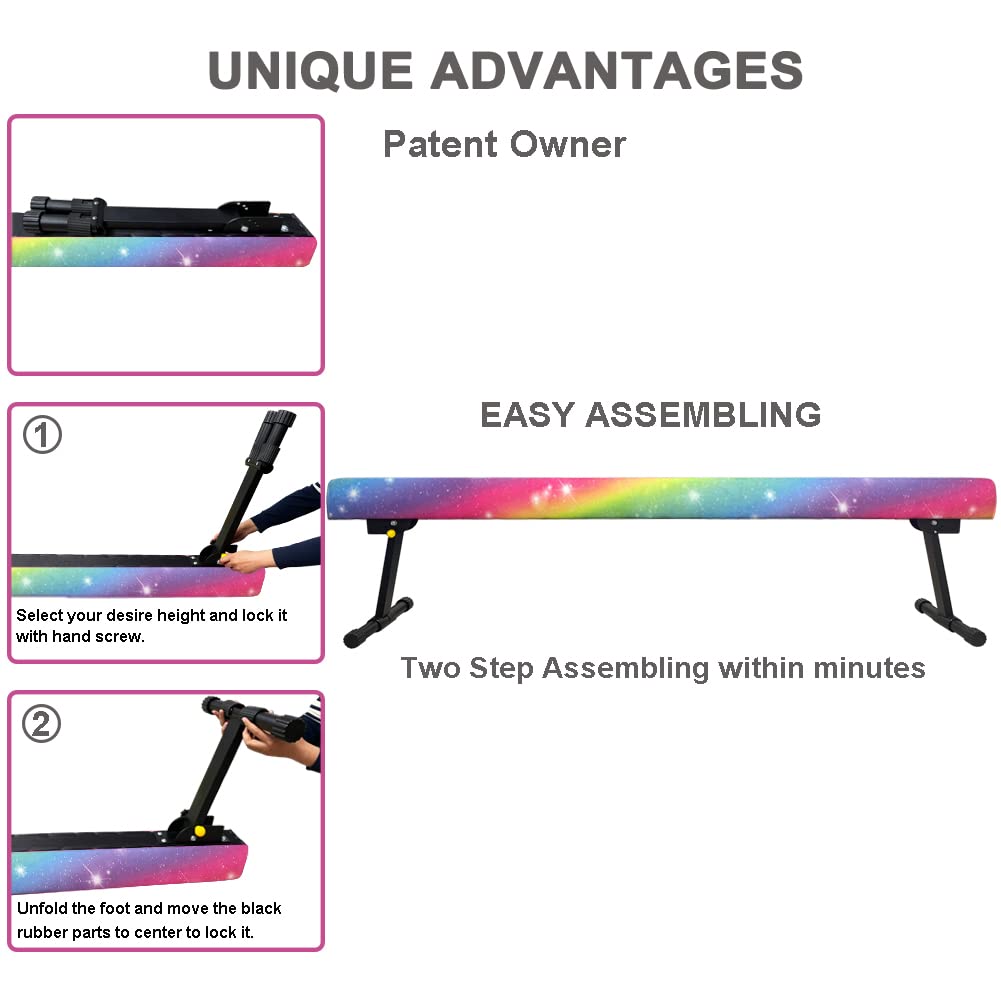 Sealoha 8Ft Ultrasimple Adjustable&Foldable Balance Beam,High-Low Floor Beam Suede Gymnastics Equipment,No Tool Require, Gymnast