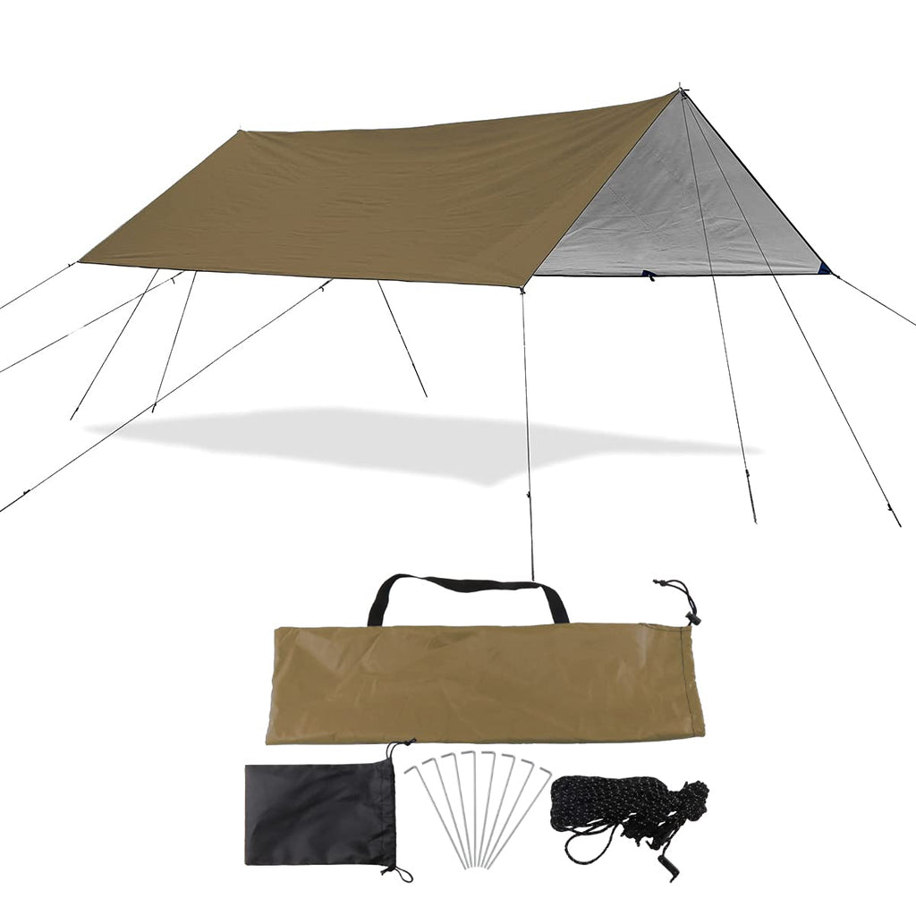Sutekus Camping Tarp Rain Fly Tarp Waterproof Tent Tarp Lightweight Ripstop Fabric 12Ft Extra Large Tarp (Khaki)