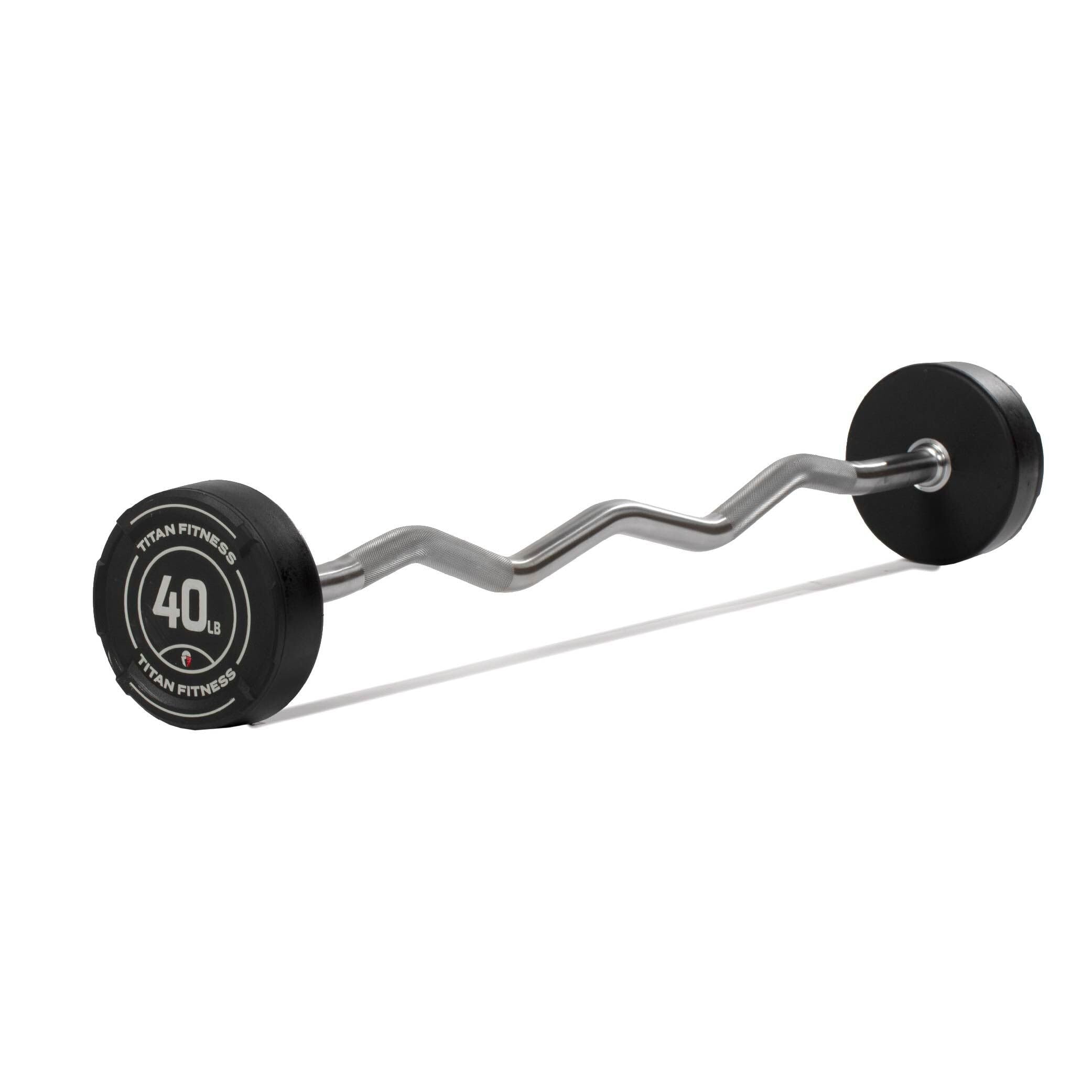 Titan Fitness 40 Lb Rubber Ez Curl Fixed Barbell, Pre-Loaded Weight Bar For Strength Training & Weightlifting