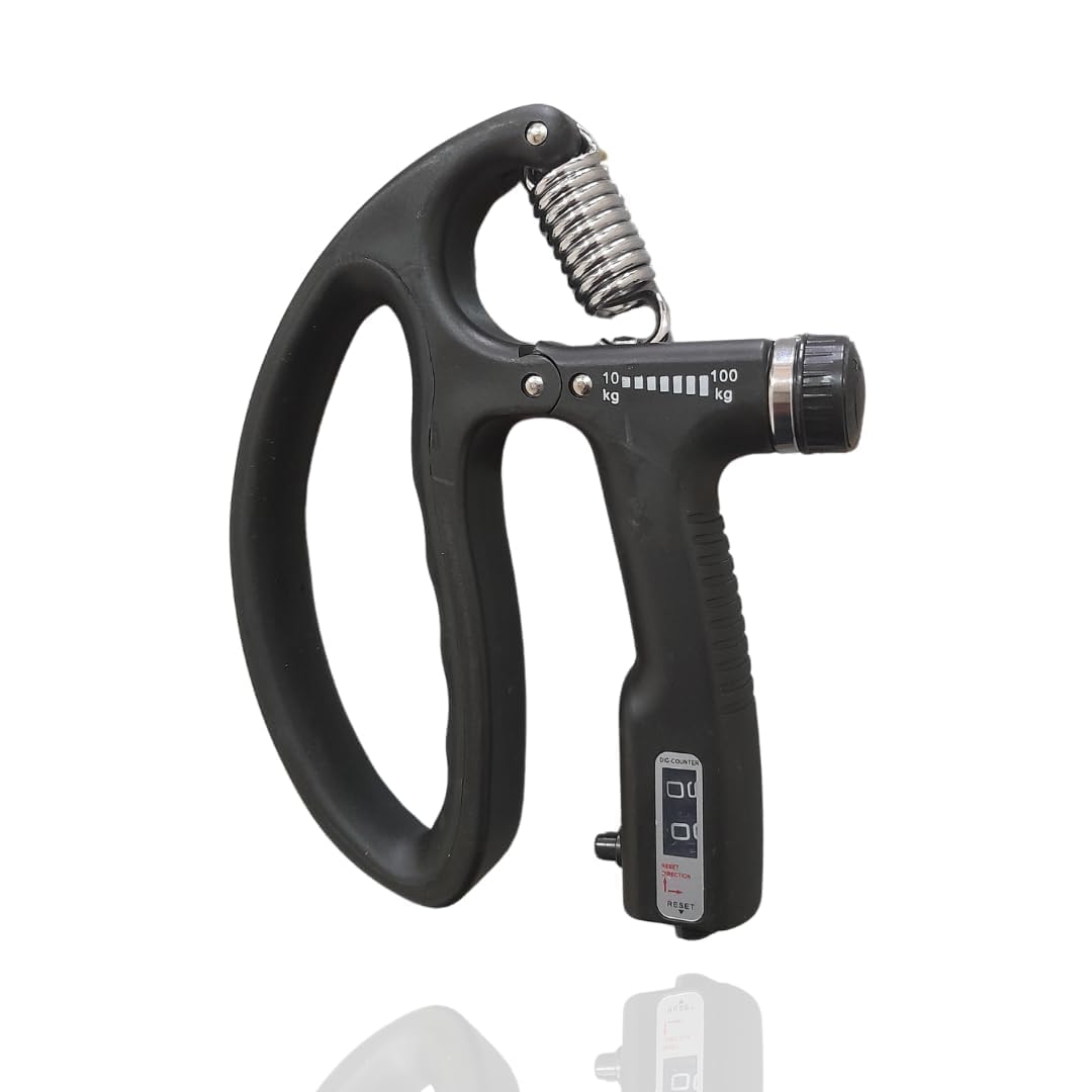 Hand Grip Strengthener With Digital Counter | DShaped Adjustable 10100 Kg Resistance, Black | Wrist, Forearm & Finger Strength