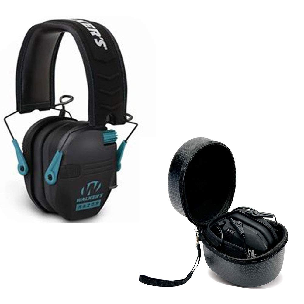 Walker's Razor Slim Shooter Black and Teal Electronic Hunting Folding Hearing Protection Earmuffs with 23dB NRR and Black Shockp