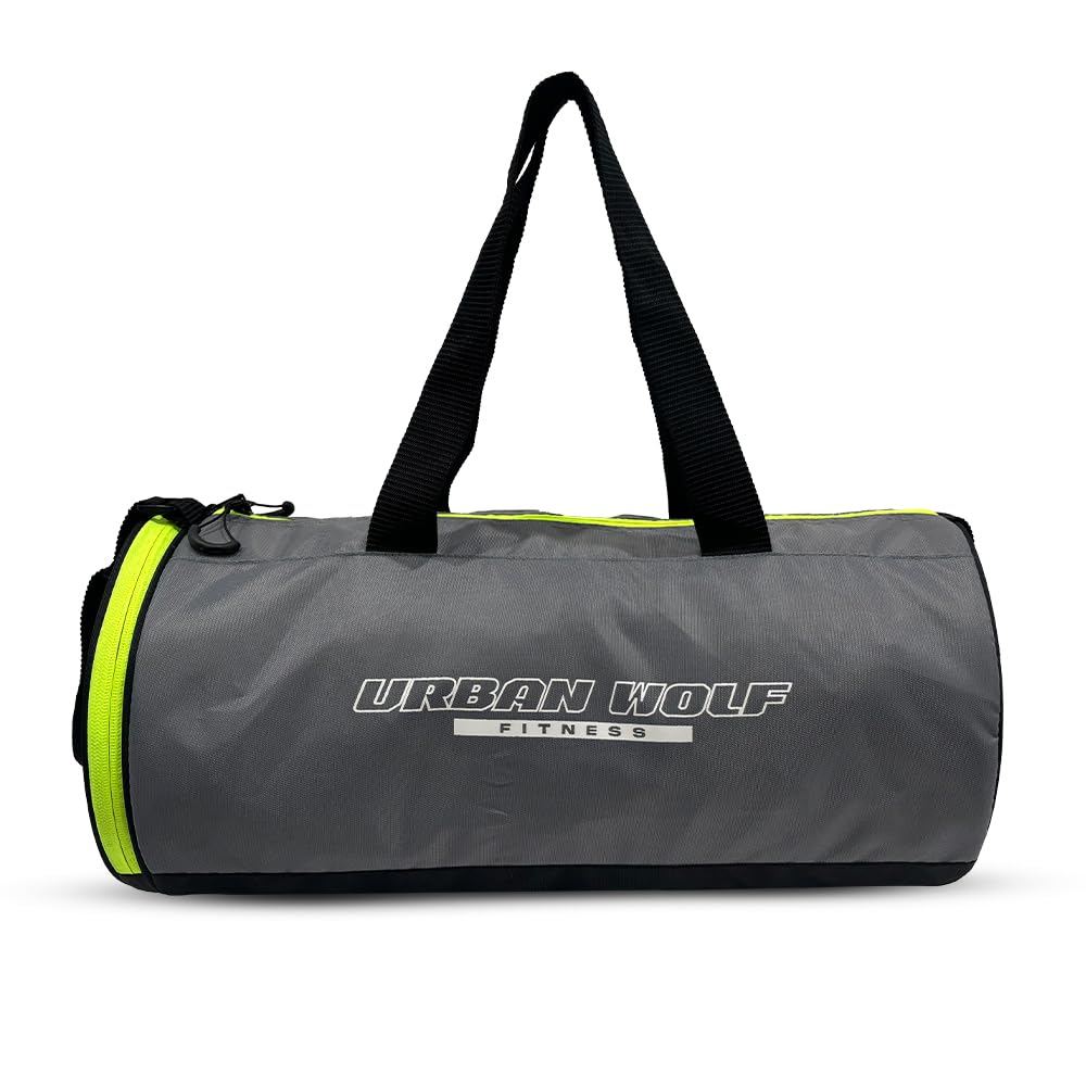 Urban Wolf 26L Gym Duffle Bag | Unisex Grey & Green Zipper | Separate Shoe Compartment | Quick Access Pocket | Durable Polyester
