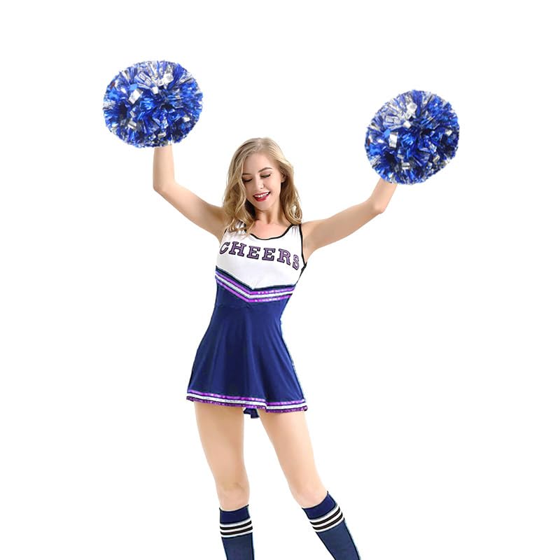 Hooshing 6Pcs Pom Poms Cheerleading Metallic Silver And Blue Cheer Pom Poms With Baton Handle For Team Spirit Sports Dance Cheer
