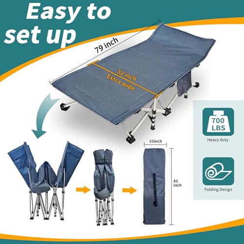 79 L X 32 W X 18 H Oversize Xxl Camping Cot With Mattress Comfortable For Adults Extra Wide Cots For Sleeping Camping Bed Foldin