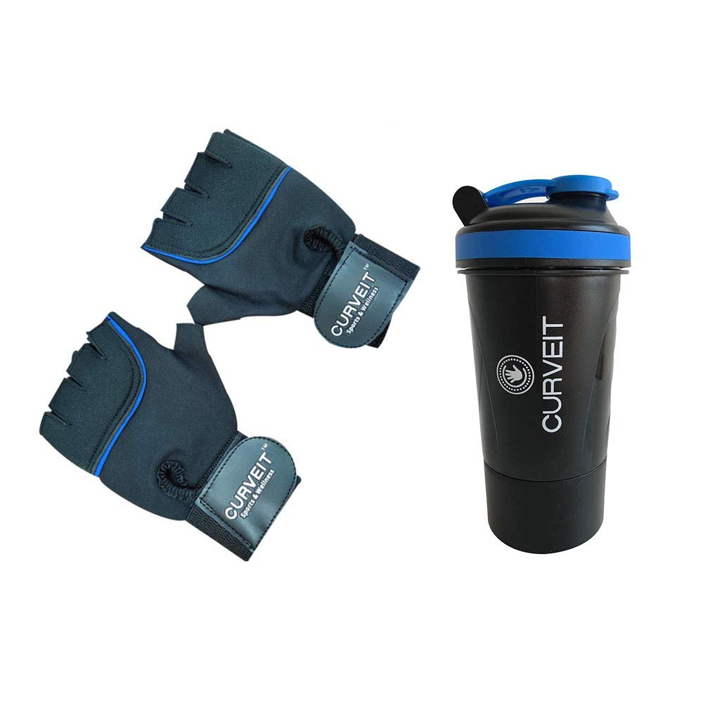 Curveit Combo Of Gym Gloves And Protein Shaker Bottle