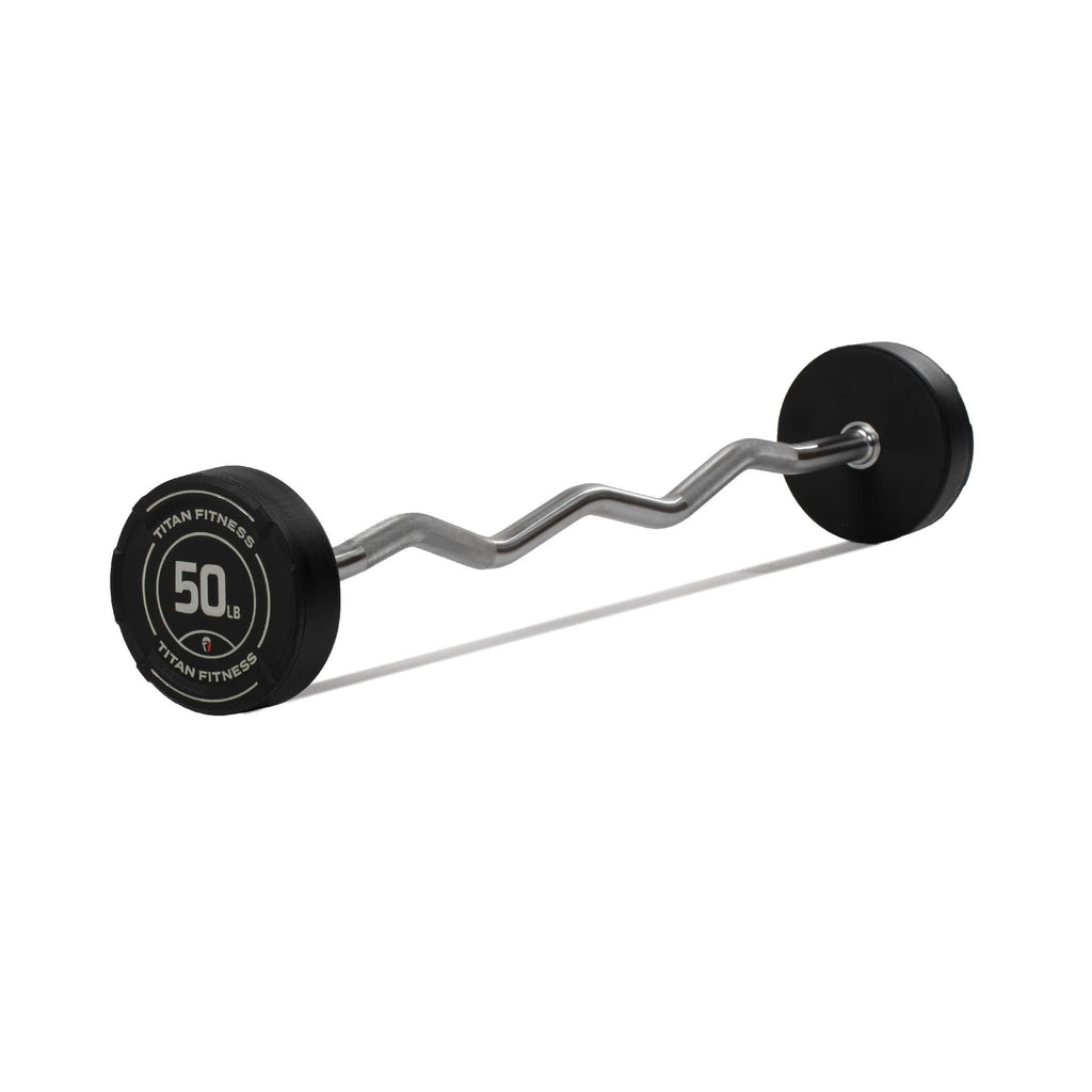 Titan Fitness 50 Lb Rubber Ez Curl Fixed Barbell, Pre-Loaded Weight Bar For Strength Training & Weightlifting