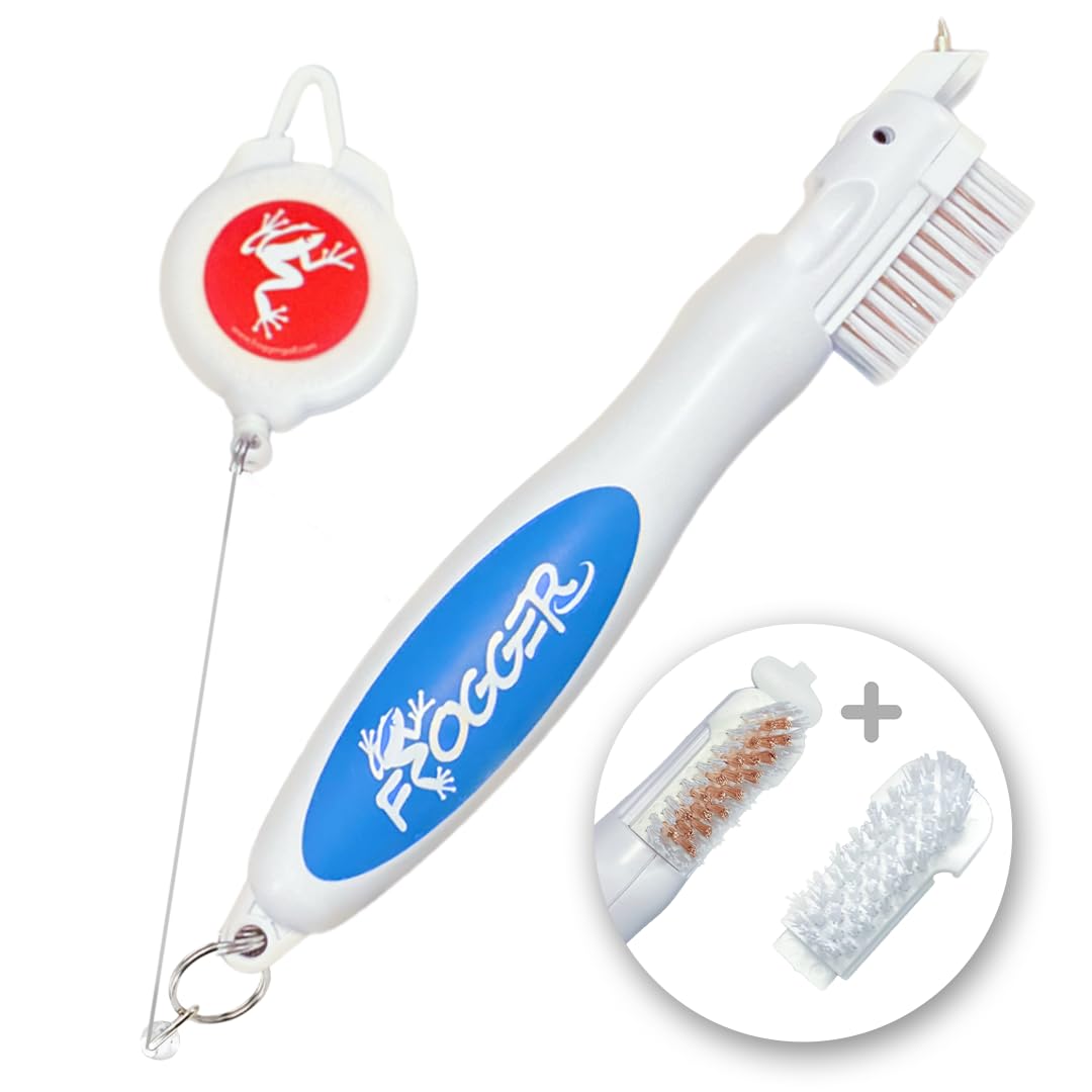 Frogger BrushPro Golf Club Cleaner with Ergonomic Grip and 2.5 ft. Retractable Cord, Patriot - Sturdy Golf Club Brush and Groove