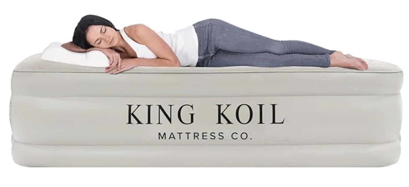 King Koil Twin Air Mattress With Built-In Pump - Double High Elevated Raised Airbed For Guests With Comfortable Top Inflatable B