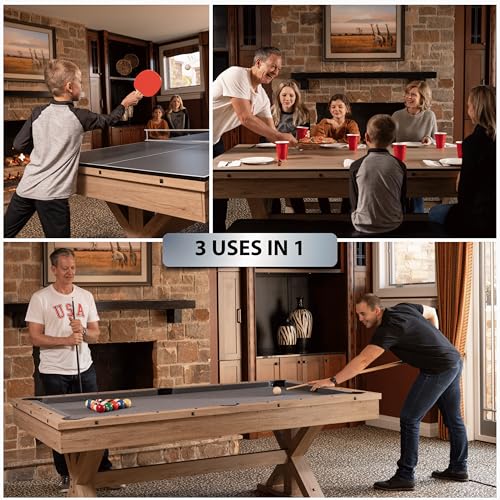 Freetime Fun 3 In 1 Multi Game 7 Ft Pool Table With Dining Top And Ping Pong Table, Includes Billiard Accessories And Tennis Pad
