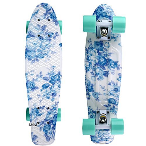 Lmai 22'' Cruiser Skateboard Graphic Blue Flower Floral Board Complete Skateboad