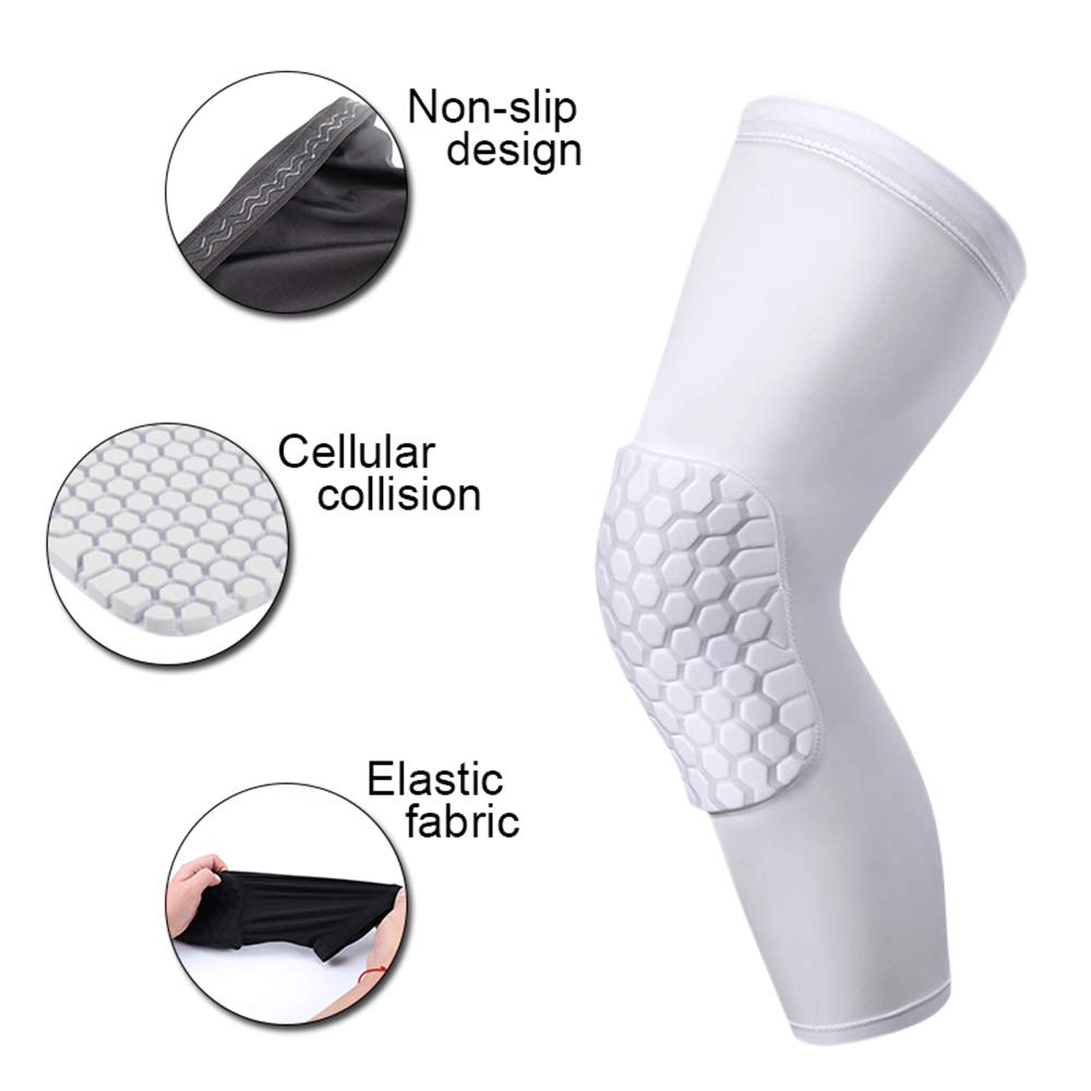 Pisiqi Knee Compression Pads Long Leg Sleeve Brace Protection For Basketball, Football & Volleyball (2 Sleeves) (White, L)