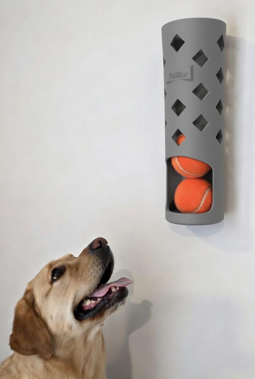 BallBar Wall Mounted Tennis Ball Holder for Dogs, Ball Organizer, Perfect Ball Chucker or thrower accessory (Grey)