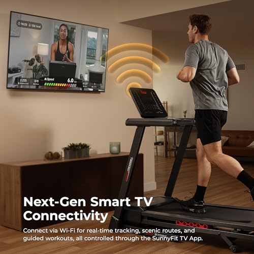 Sunny Health & Fitness Excel Smart Auto Incline/Decline for Home Use, 20    Wide Running and Walking Deck, Flex Shock Suspension
