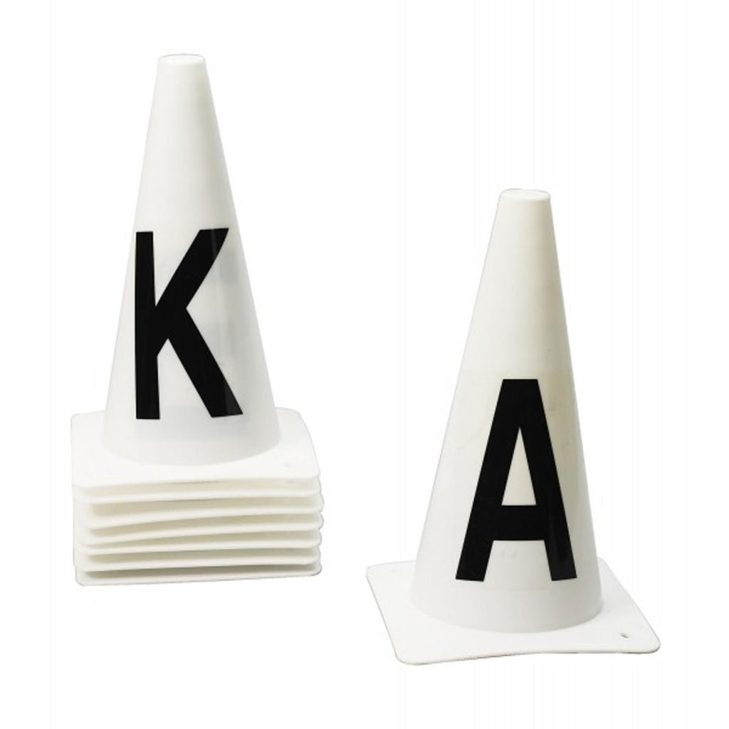 Ovation A, B, C, E, F, H, K, M Equestrian Sport Durable On-Set White Dressage Cones With Contrast Black Letters Set Of 8