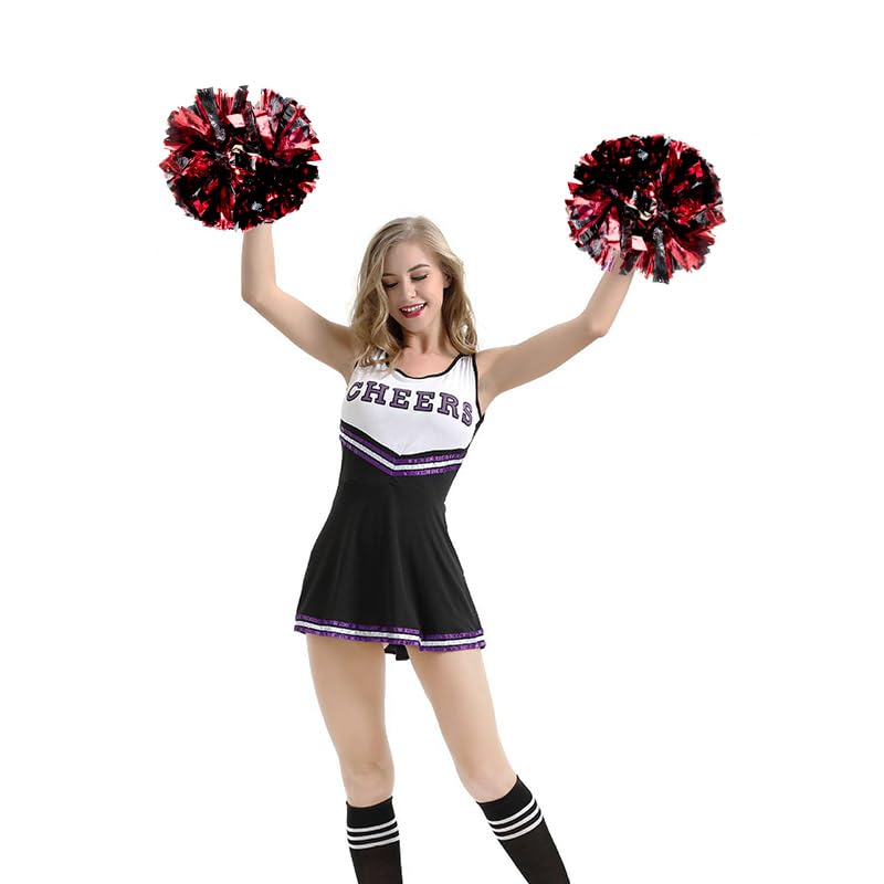 Hooshing 6Pcs Pom Poms Cheerleading Metallic Black And Red Cheer Pompoms With Baton Handle For Kids Adults Team Spirit Sports Da