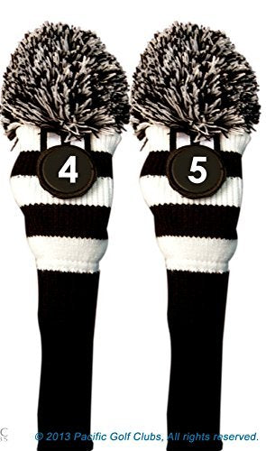 Majek #4 & 5 Hybrid Combo Pack Rescue Utility Black And White Golf Headcover Knit Pom Pom Retro Classic Vintage Head Cover