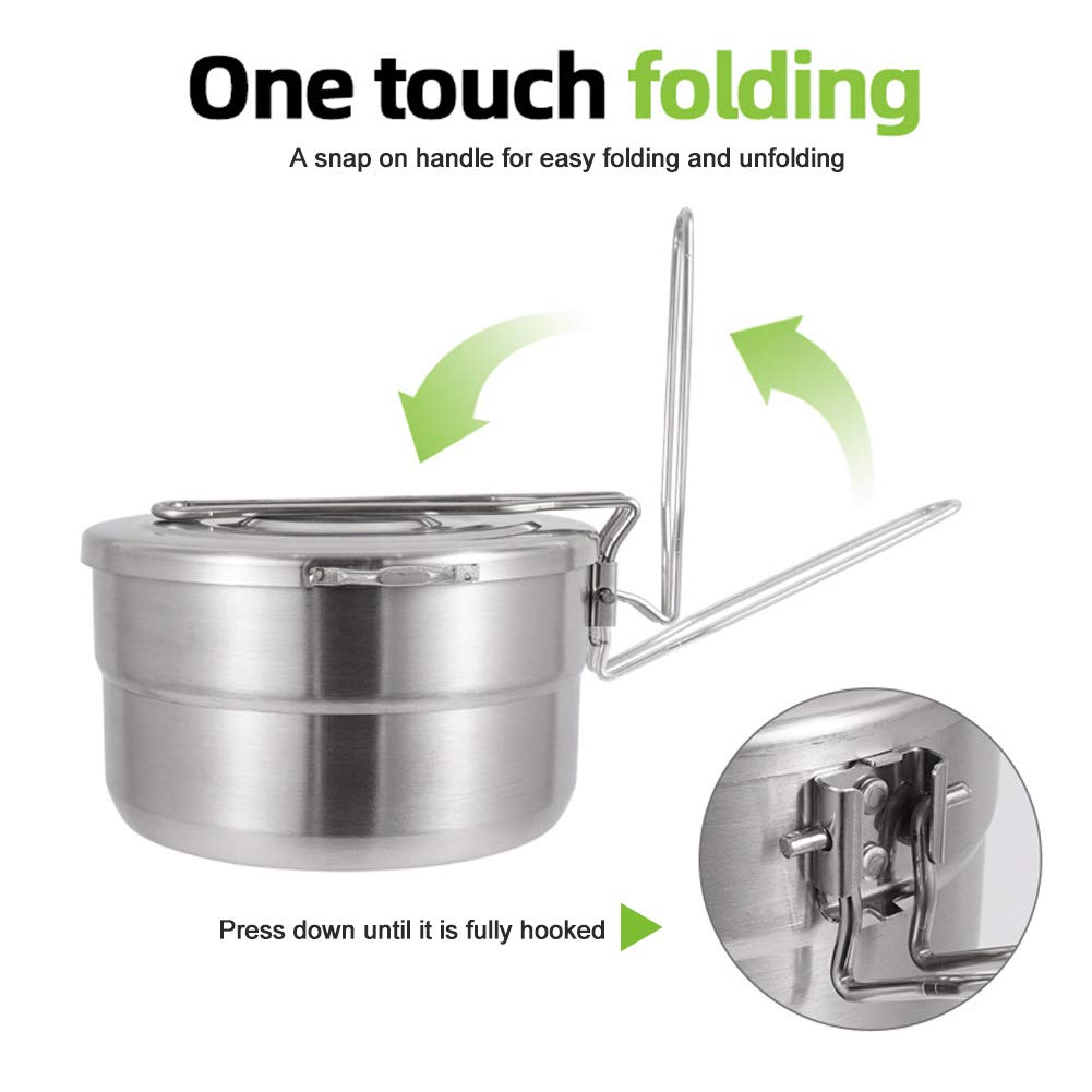 Denpetec Stainless Steel Camping Cook Pot With Lid And Folding Handle Camping Cookware 1.5L Large Capacity Bento Pot For Camping