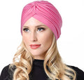 Run India Stretch Turbans Head Beanie Cover Twisted Pleated Headwrap Hair Cover Beanie Hats For Women Girls (Dark Pink)
