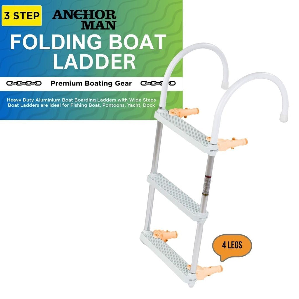 Anchor-Man Folding 3 Step Ladder For Fishing, Heavy-Duty Aluminum Pontoon Boat Ladder With Wide Steps, Ideal For Yacht, Dock, Et