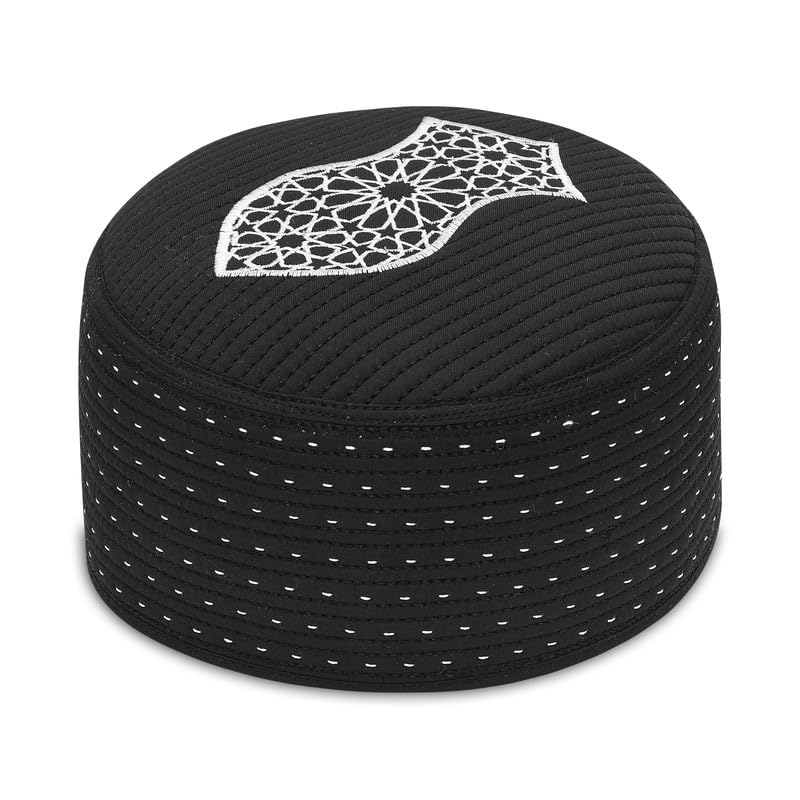 Islamic Prayer Cap For Men | Designer Embroidery Muslim Topi | Comfortable Taqiyah Skull Cap For Namaz|Black|54