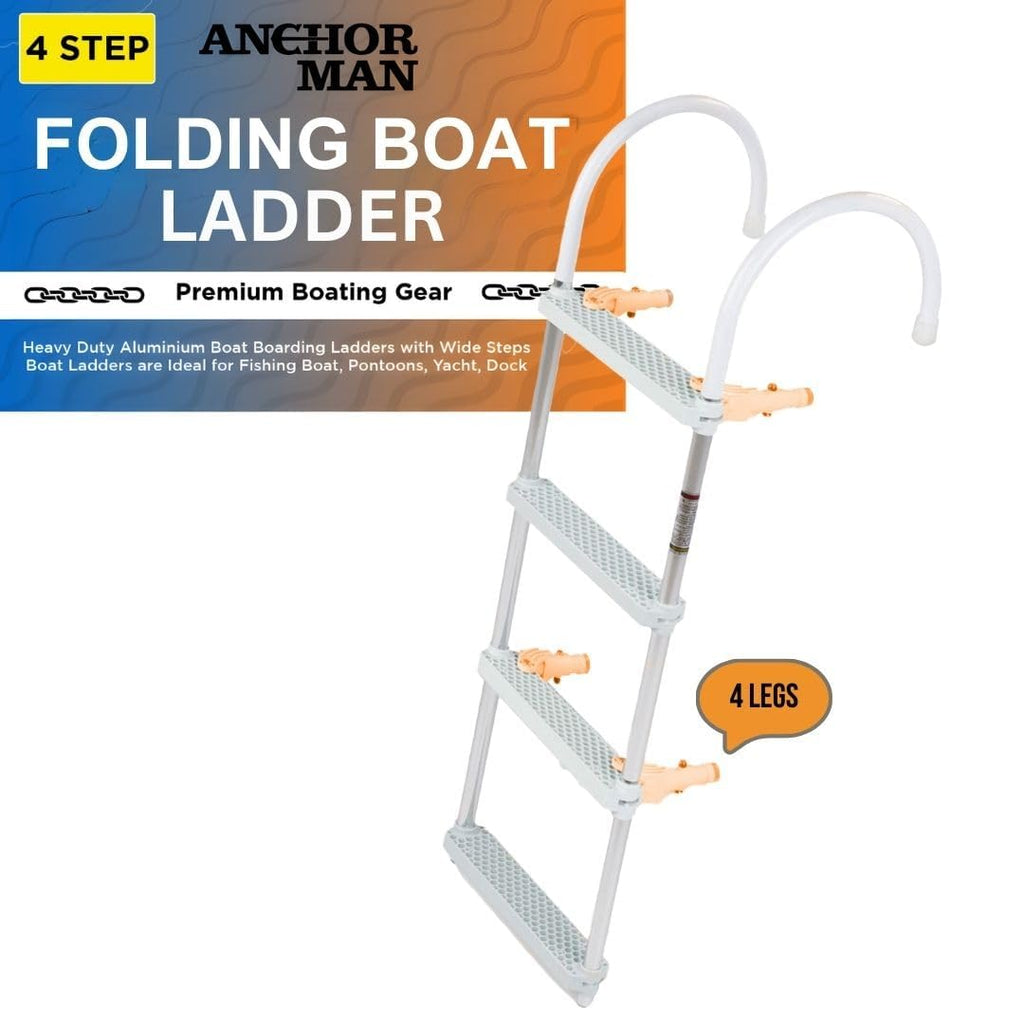 Anchor-Man Aluminum 4-Step Boat Ladder - Heavy-Duty, Anti-Slip, Silver Gray, Fits Inflatable, Jon, Fishing, Bass, Pontoon, Yacht