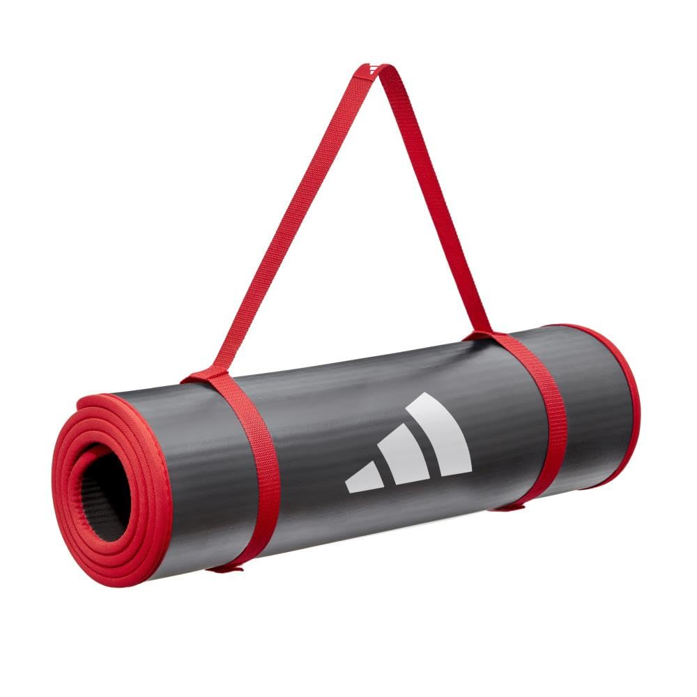 Adidas 10mm Extra Thick Training Mat with Carrying Strap and Non-Slip Textured Base - Cushioned Workout Mat for Home Gym, Floor 