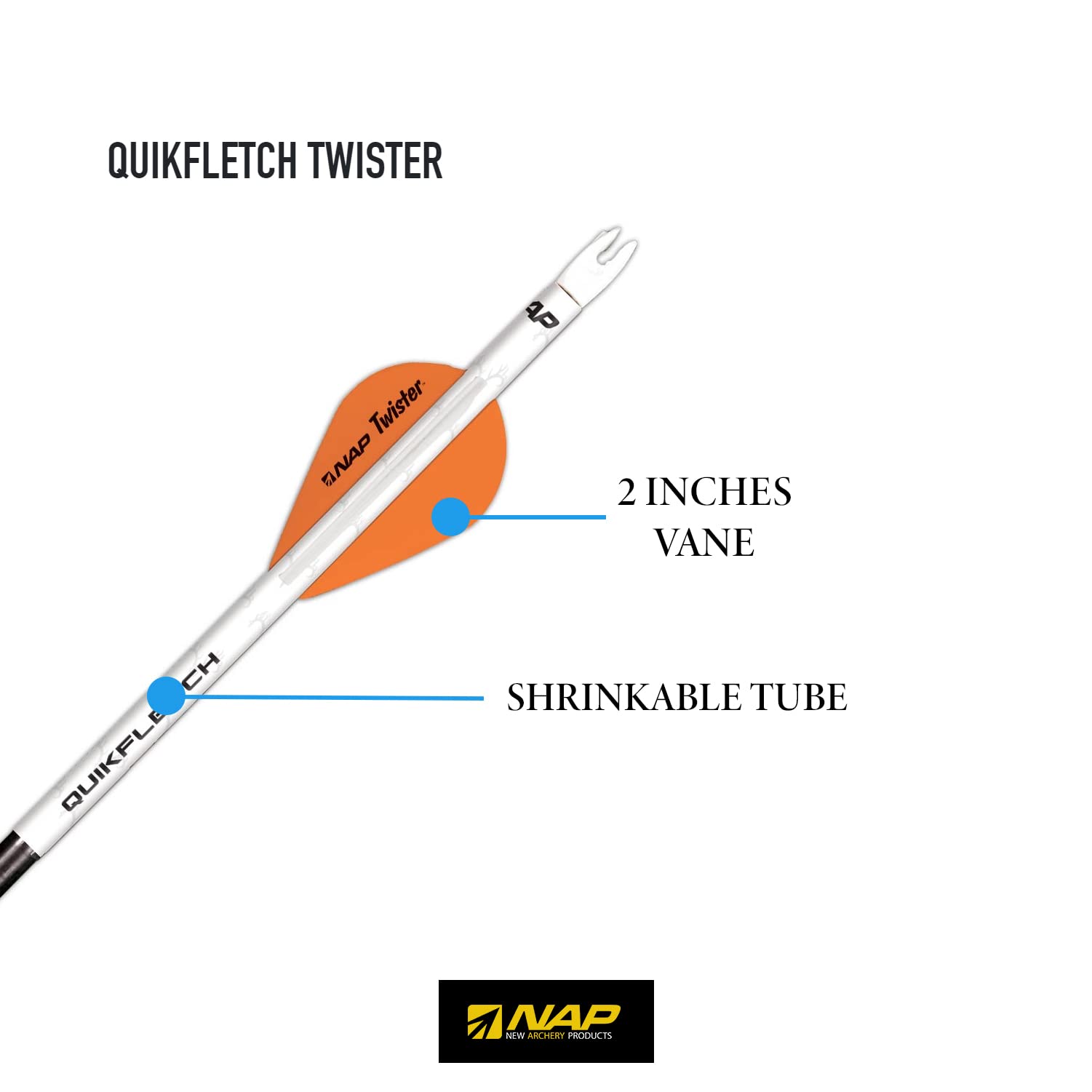 New Archery Products Quikfletch Twister 2'' 3-Vane Stabilizing Fletching - White Tube, Orange/White Vanes