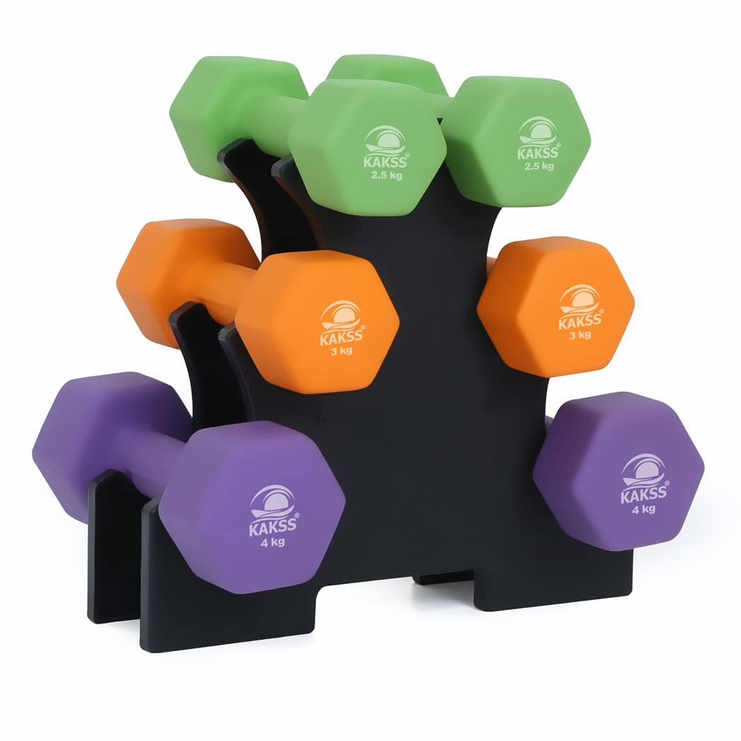 Kakss Neoprene Dumbbell With Stand (Multicolor) (19Kg(2.5Kg+3Kg+4Kg N Pair)