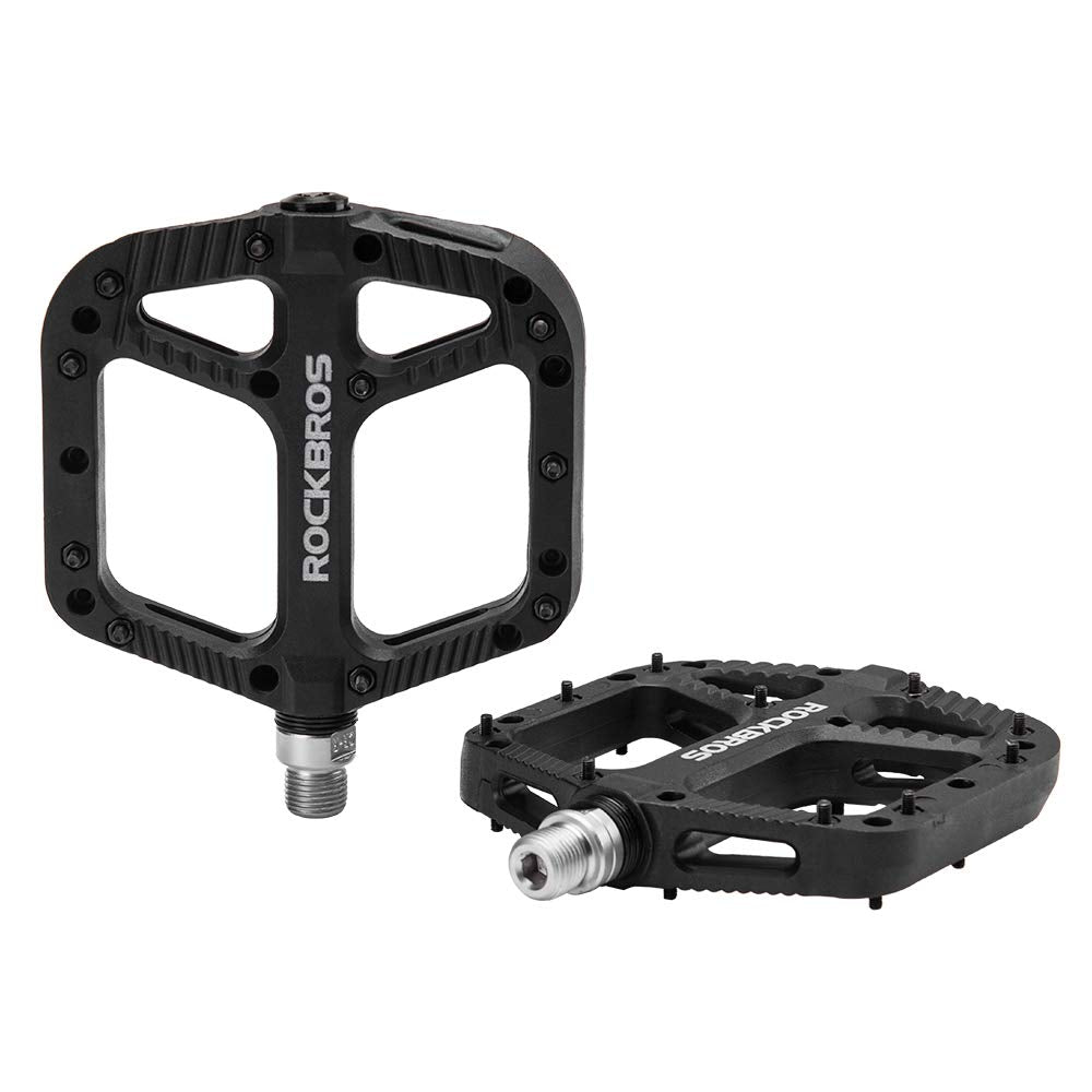 Rock Bros Mountain Bike Pedals Nylon Composite Bearing 9/16'' Mtb Bicycle Pedals With Wide Flat Platform Black