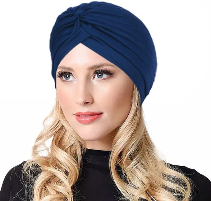 Run India Stretch Turbans Head Beanie Cover Twisted Pleated Headwrap Hair Cover Beanie Hats For Women Girls (Navy Blue)