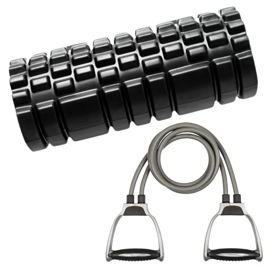 NSTAFIT Foam Roller and Resistance Toning Tube Combo, Deep Tissue Muscle Massage Roller with Exercise Band, Full Body Workout (B