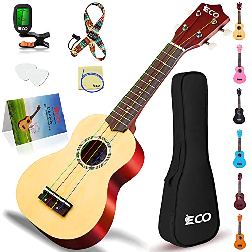 Ieco Soprano Ukulele Beginner Kit For Kids Adults 21 Inch Ukelele Wcase Strap Tuner Strings Picks (Natural)