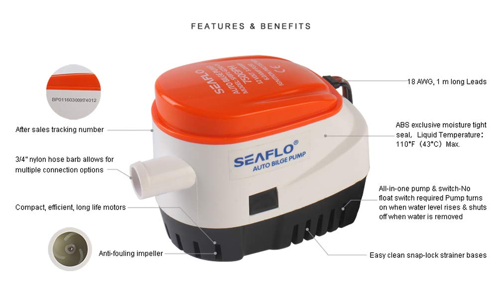 Seaflo 06 Series 750Gph Automatic Submersible Bilge Pump With Built-In Float Switch 12V - 4 Year Warranty