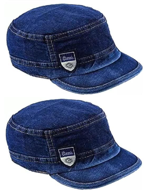 Classic Denim Cadet Cap, Pack 2 Blue Military Style Flat Top Hat