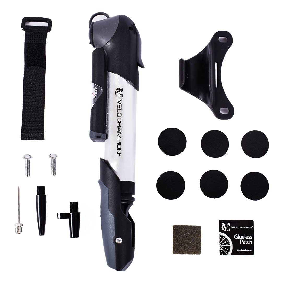 Velochampion Alloy 9 Mini Bicycle Pump With Gauge 120 Psi - Portable Bike Pump Includes Mount Kit, 6 Glueless Patches And Inflat