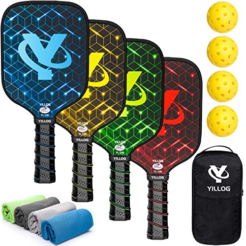Yillog Pickleball Paddles, Usapa Approved, Set Of 4, Fiberglass Surface Pickleball Set, 4 Pickleball Balls, 4 Cooling Towels, Pi