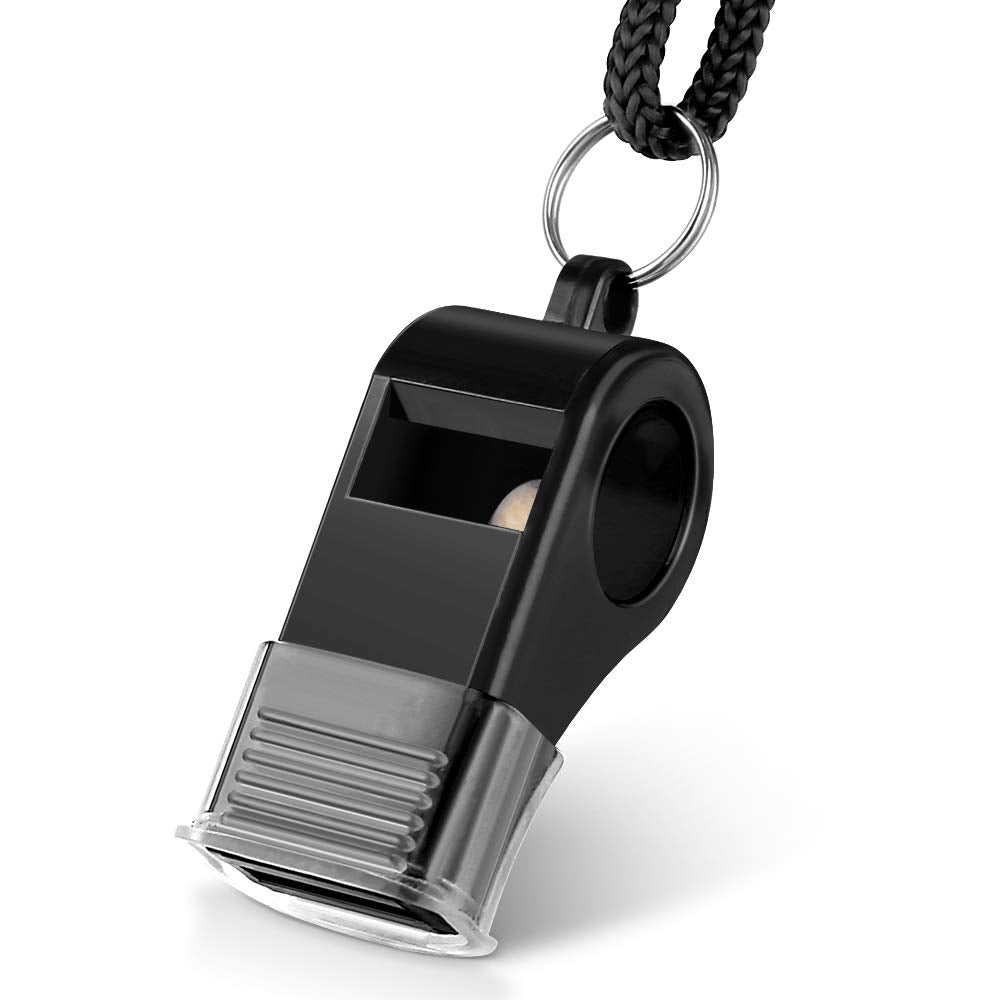 Hipat Whistle, 2 Packs Sports Whistles With Lanyard & Mouth Grip, Loud Crisp Sound, Black Plastic Whistles