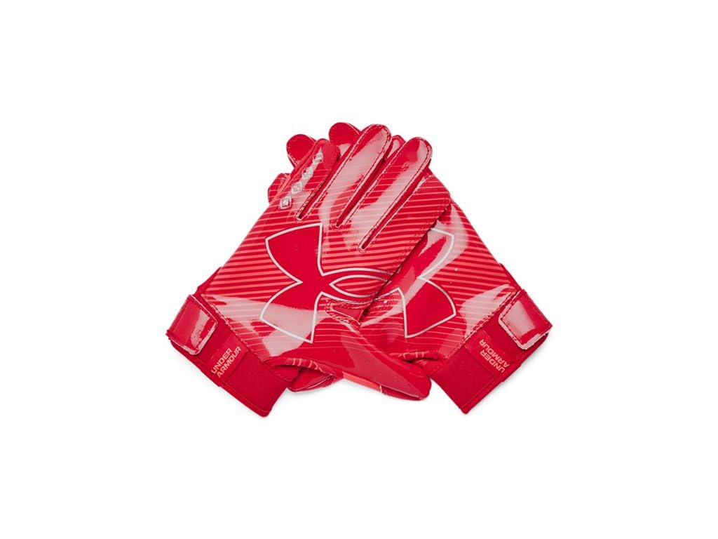 Under Armour Boys' Pee Wee F9 Football Gloves, (600) Red/Beta/Metallic Silver, One Size Fits Most