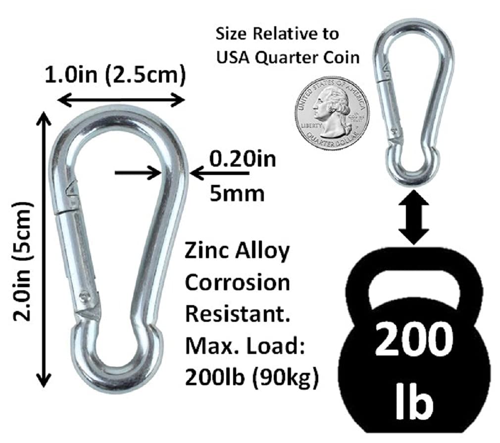Branded Boards Black & Silver Heavy Duty Zinc-Galvanized Steel Carabiner Spring Snap Clip Link Hooks. 200-400Lb Load. 6 Packs, 1