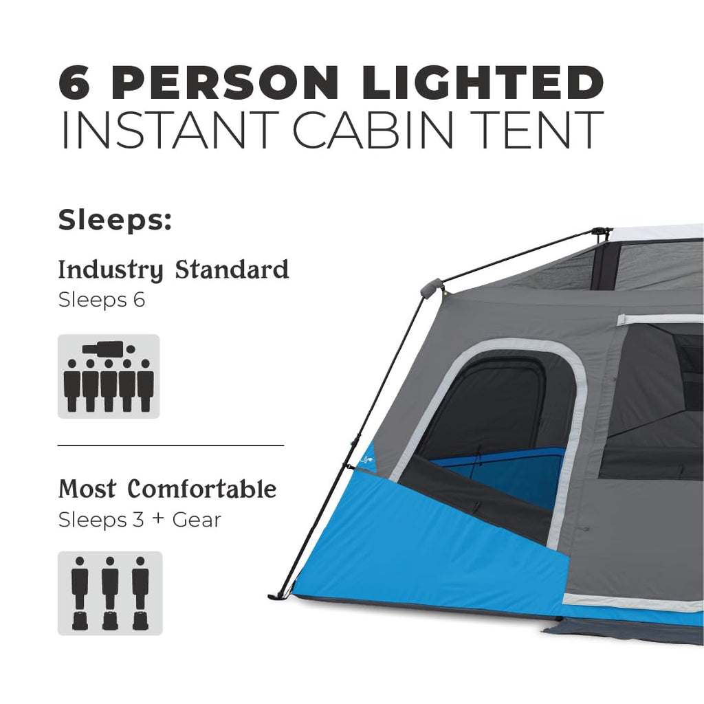 Core 6 Person Instant Cabin Tent With Led Lights  Lighted Pop Up Camping Tent With Easy 60 Second Camp Setup  Portable Large Fam