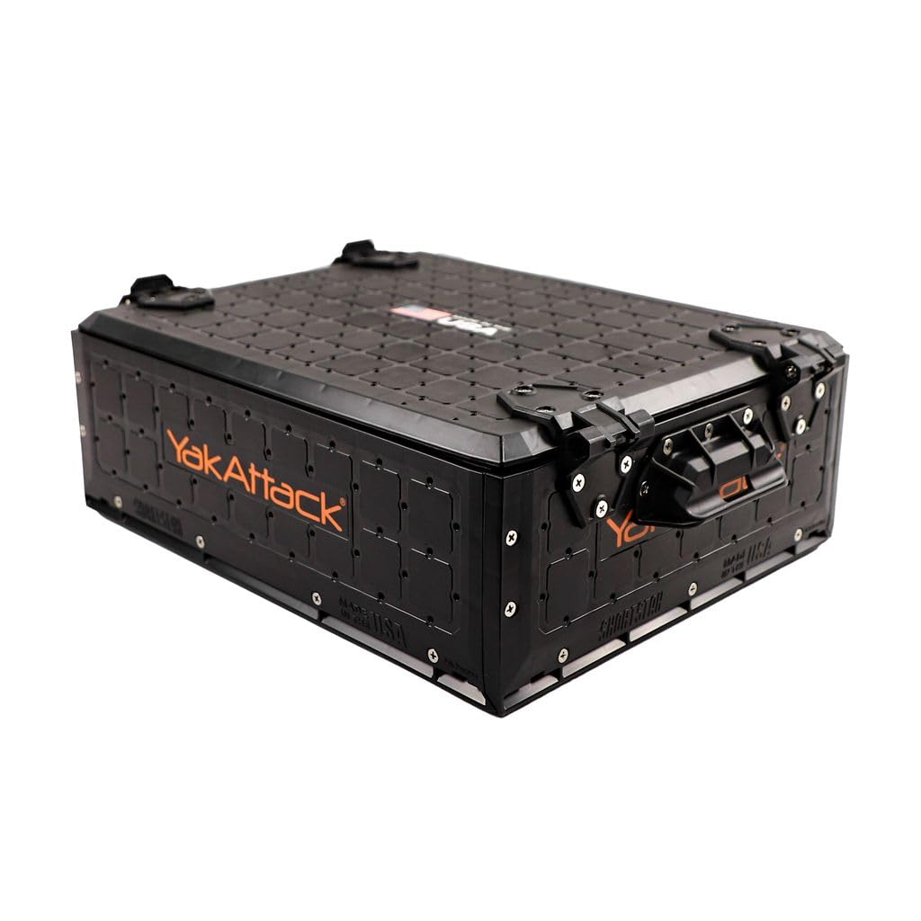 YakAttack ShortStak SOLO Storage Box 13 x 16 - Black | Standalone Low-Profile Crate with Lid, Hinges & Latches | GridLoc Mountin