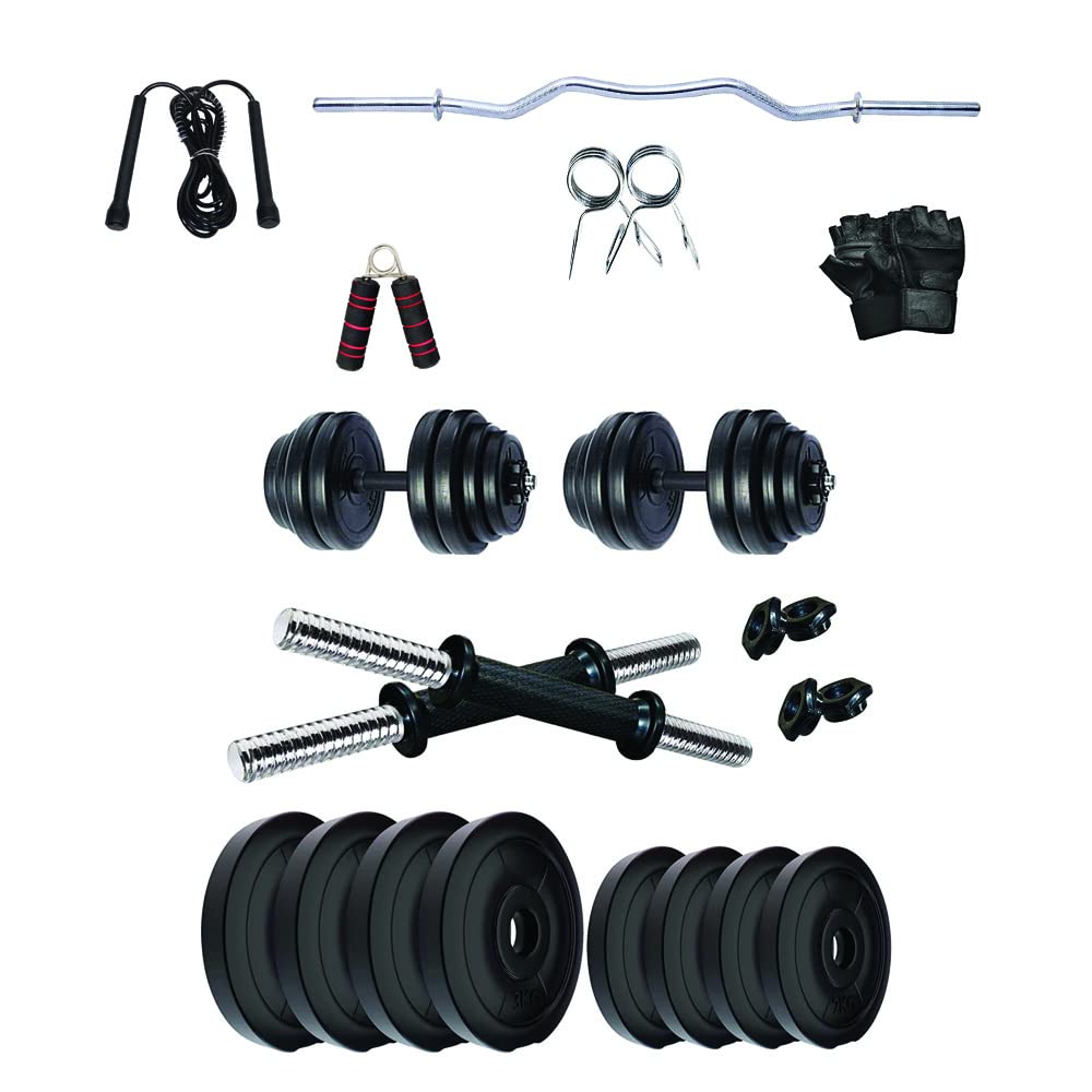 Xylofit 15Kg Weight Plates With Pvc Dumbbell Rod,3Ft Curve Rod And With Accesories For Home Gym And Home Workout Fitness Kit Pro