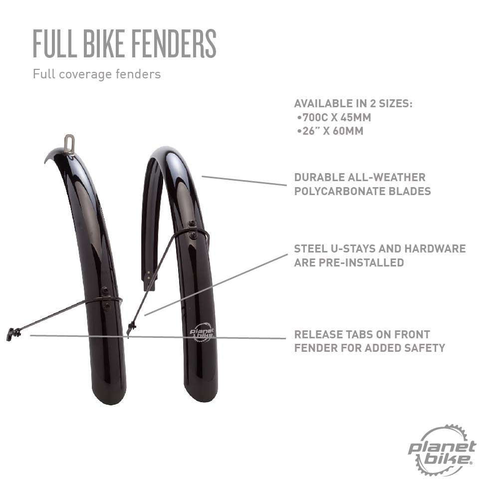 Planet Bike Full Bike Fenders - 26'' X 60Mm (Black)- Fits Up To A 50Mm Wide Tire